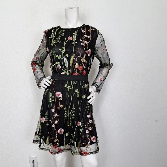 Black Floral Embroidered Romantic Sheer Whimsigoth Long Sleeve Dress Size M - Picture 2 of 12